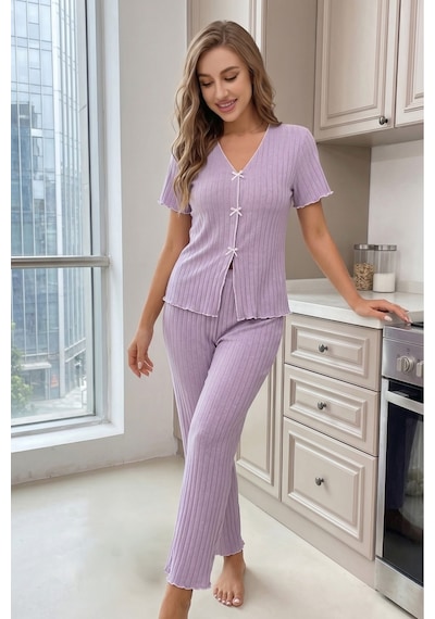 Bella Notte Lila Kısa Kollu V Yaka Pamuklu Fiyonklu Pijama Takımı