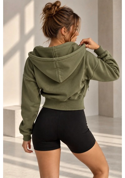 Bb Butik Basic Kapüşonlu Fermuarlı Kısa Kadın Sweatshirt Günlük Basic Model My3535 Haki
