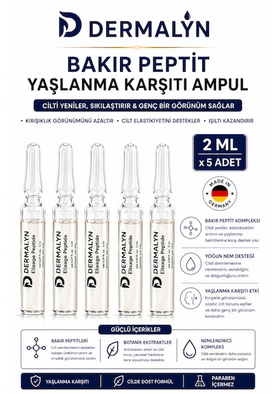 Dermalyn 5 Adet Bakır Peptit Yaşlanma Karşıtı Sıkılaştırıcı Kolajen Destekleyici Ampul Serum Dermaroller