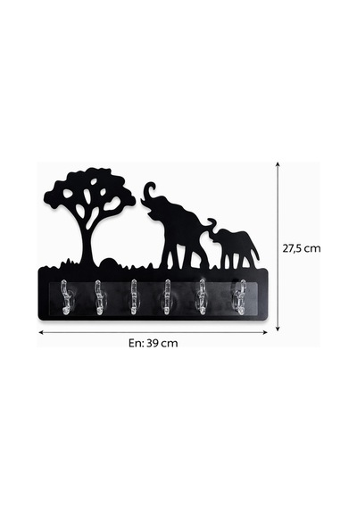 Fil Temalı Dekoratif Duvar Askılığı 6 Kancalı Mdf Anahtarlık Ve Askı 39 X 27,5 Cm Siyah Siyah