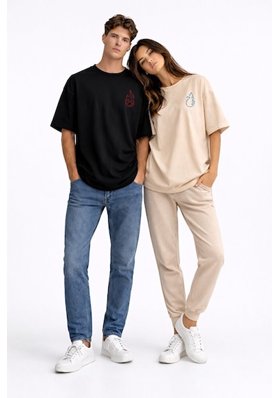 Sevgili Kombini Ateş Su Minimal Çift Tişört Oversize Unisex Partn Bej