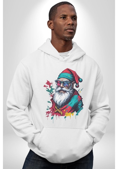 Renkli Noel Baba Yeni Nesil Gözlüklü Kadın Erkek Beyaz Kapüşonlu Sweatshirt Hoodie Beyaz