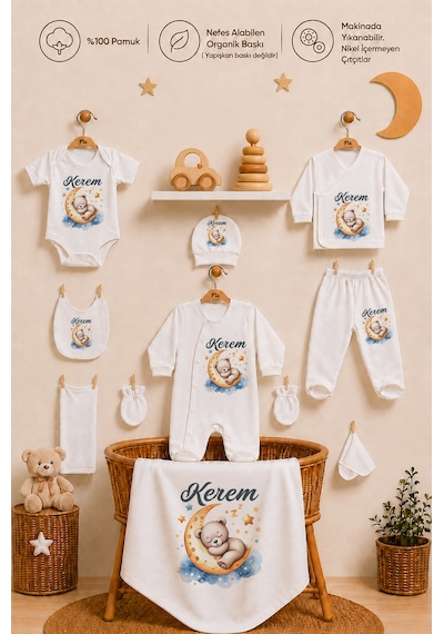 Pia Baby 10 Parça İsme Özel Erkek Bebek Hastane Çıkışı %100 Pamuk Organik Baskılı 1001100x Ekru