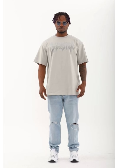 Unisex Oversize Taşlı Bisiklet Yaka T-shirt - Gri Gri