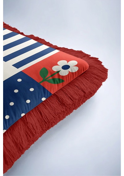 Modern Çiçekli Patchwork Renkli Saçaklı Yastık Kılıfı - Geometrik Mavi Bordo Püsküllü Kırlent Kılıfı Serin Esinti Nektar