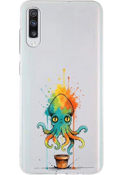 Samsung Galaxy A70s İle Uyumlu Splash Ahtapot Tasarımlı Şeffaf Silikon Kılıf Şeffaf