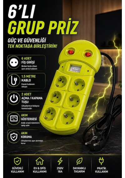 6'lı Grup Priz 1.5 Metre Çift Anahtarlı Akım Korumalı Uzatma Kablosu 16a 250v Ev Ofis Tipi 6 Prizli