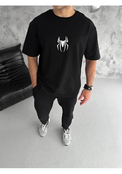 Erkek Kısa Kol Tişört Bisiklet Yaka Örümcek Baskılı Oversize T-shirt - Siyah