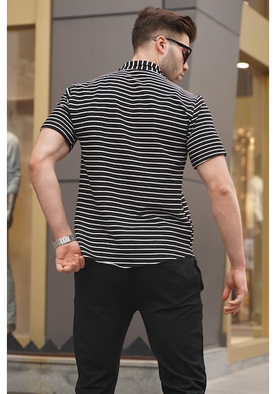Madmext Siyah Çizgili Slim Fit Erkek Kısa Kol Gömlek 5591