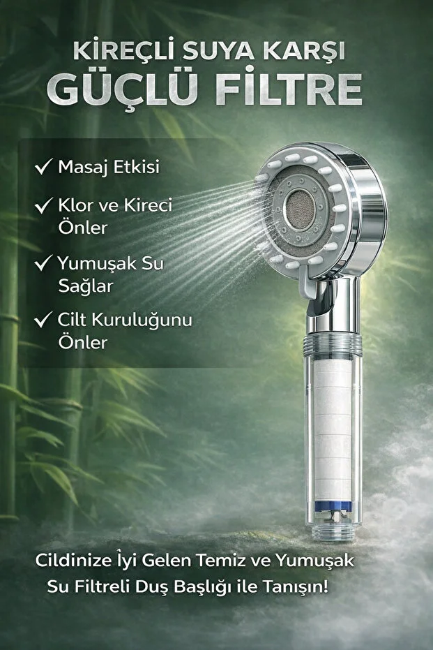 Filtreli Duş Başlığı Seti Hortumlu Yapışkanlı Mafsal Krom