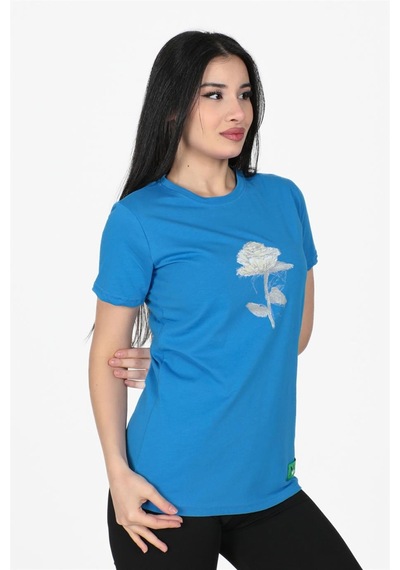 Gül Desenli Bisiklet Yaka Normal Kalıp Tshirt İndigo-indigo İndigo Gül Desenli Bisiklet Yaka Normal Kalıp Tshirt İndigo-indigo İndigo