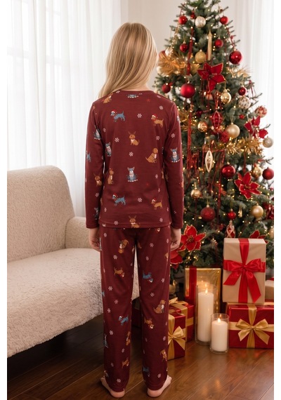 Siyah İnci Yılbaşı Temalı Desenli Termal Kumaşlı Ultra Soft Yumuşak Örme Pijama Takımı 26226904 Bordo