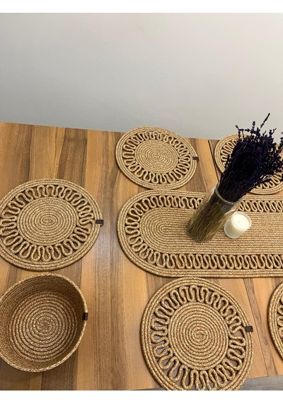 Senza Atelier 7 Parça Jüt Supla Ve Runner Seti - El Örmesi Hasır Yemek Masası Takımı Jüt Hasır