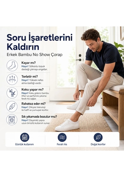 Erkek Bambu 6 Lı Babet Çorap Görünmez No Show Dikişsiz Silikon Topuklu Gri