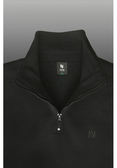 Nature The Brand 1/4 Fermuarlı Dik Yaka Sweatshirt Şardonlu 3 İplik Yaka Üzeri Şerit Detaylı Siyah