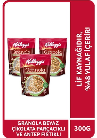 Kellogg's Beyaz Çikolata Parçacıklı ve Antep Fıstıklı Granola 3 x 300 G