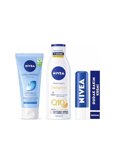 Q10 250 Ml Sıkılaştırıcı Vücut Losyonu + Yüz Peelingi 150 + Dudak Bakım Kremi 4,8 Gr Üçlü Set