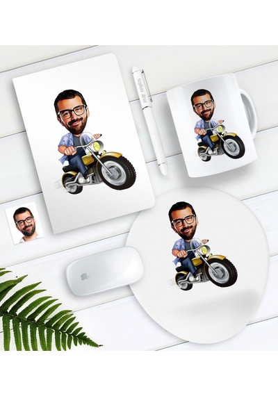 Kişiye Özel Bay Motorcu Karikatürlü Defter Kalem Kupa Mouse Pad Set