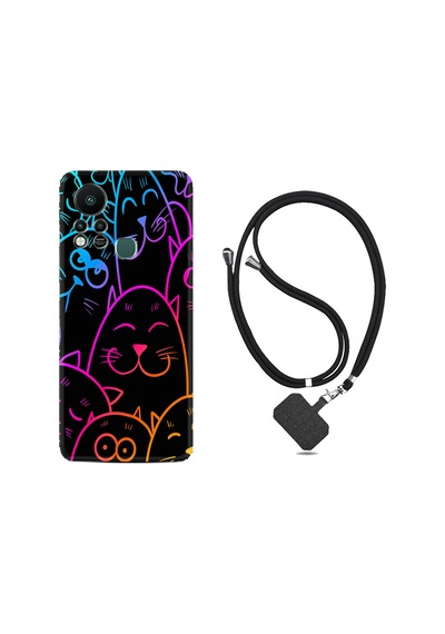 Infinix Hot 11S Kılıf İpli Boyun Askılı Desenli Silikon Neon Cats 1790