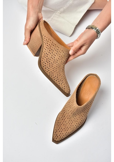 Fox Shoes Y654930702 Vizon Hakiki Deri Süet Western Topuklu Kadın Terlik