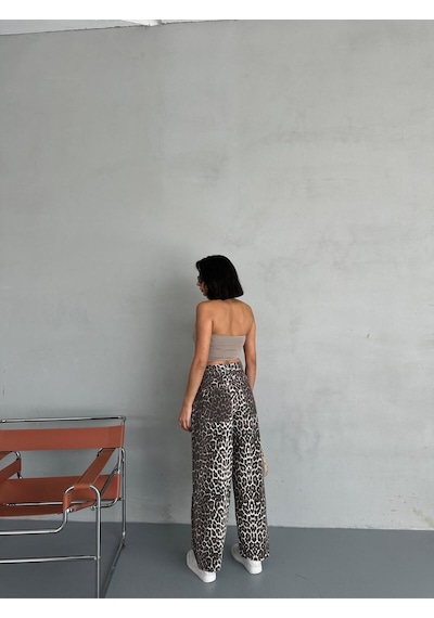 Zeo Basic Skater Pantolon Leopar Desenli Bej Bej
