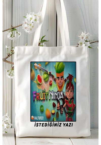 Art Hediye Fruit Ninja Mobil Oyun Baskılı Bez Çanta Omuz Çantası Çift Tafaflı Baskı Kişiye Özel 3 Çok Renkli