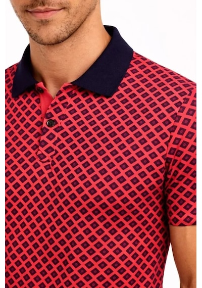 Modi Erkek Pike Kumaş Polo Yaka Desenli Tişört Kısa Kol Yazlık T-shirt - Kırmızı Açık Kırmızı