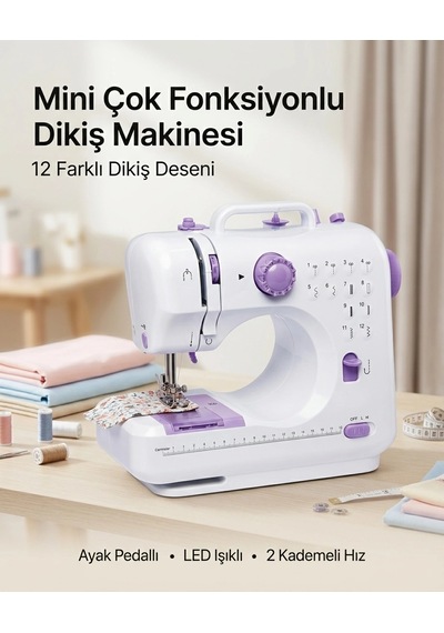 Ev Tipi Mini Dikiş Makinesi Ayak Pedallı Led Aydınlatmalı 12 Farklı Dikiş Desenli Standart