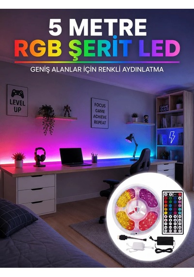 Lb Rgb Şerit Led 5 Metre 5050 Smd Kumandalı Çok Renkli Ev Oda Tv Arkası Dekoratif Aydınlatma