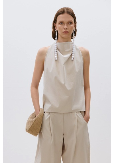 Suud Collection Bej Marty Halter Yaka Poplin Bluz