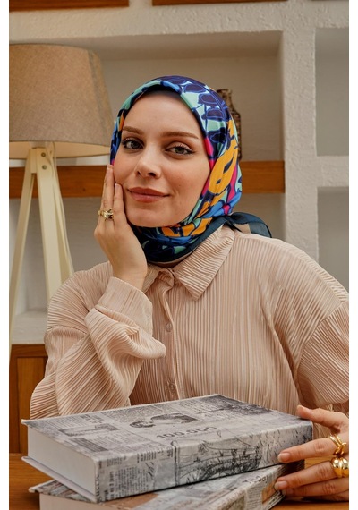 Afvente Yaprak Desen Mavi Soft Pamuk Eşarp