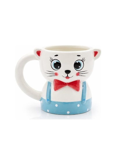 Papyonlu Kedi Figürlü El Yapımı Kupa - Mug, 450 Ml Beyaz