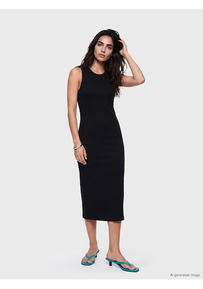 Lcw Vision Siyah Bisiklet Yaka Fitilli Bodycon Elbise