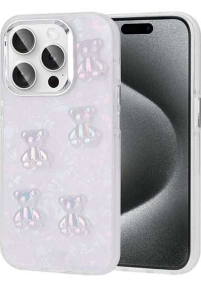 Apple Uyumlu iPhone 15 Pro Max Kılıf Kabartma Figürlü Parlak Zore Eralli Silikon Kapak Ayı