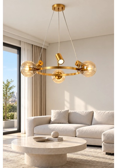 Modern Premium Gold 3xe14 + 3xgu10 Modern Cam Küreli Dekoratif Sarkıt Salon Oturma Odası Avizesi