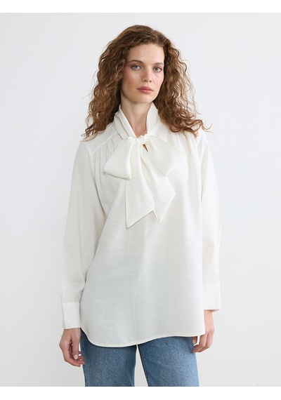 Lcw Studıo Beyaz Fular Yaka Büzgülü Oversize Bluz