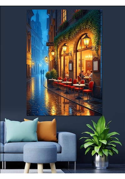 Ahşap Tablo Yağmurlu Sokak Kafe Işıkları