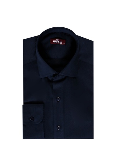 Pamuk Saten Slim Fit Uzun Kollu Düz Lacivert Erkek Gömlek 001