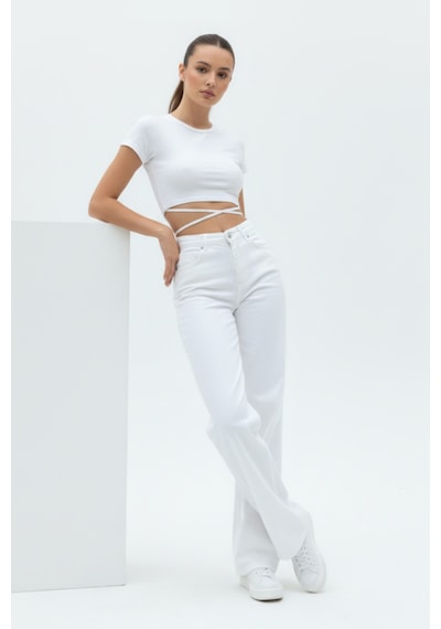 Woddi Nova Kadın Yüksek Bel Beyaz Salaş Jeans Wide Leg Geniş Paça Palazzo Kot Pantolon