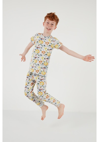 Lela Desenli % 100 Pamuk Bisiklet Yaka Erkek Çocuk Pijama Takımı 6651003 Ekru-Sarı