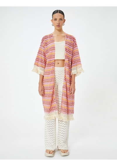 Koton Uzun Kroşe Kimono Püsküllü Dirsek Boy Pembe Desenli 4sak30058ek Pembe