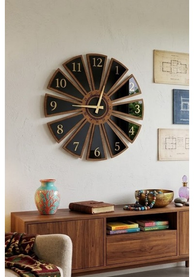 Dekoratif Ahşap Duvar Saati Parçalı Tasarım Modern Duvar Saati Sessiz Mekanizmalı 40x40cm Siyah - Ahşap