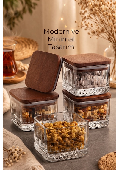 El Yapımı Cam, 4'lü Set Kare, Kahvaltılık Ve Çerezlik Kayın