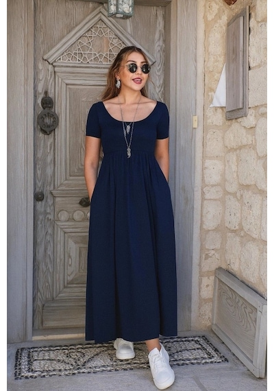 Defymoda Kadın Kısa Kollu Yuvarlak Yaka Önden Yırtmaçlı Cepli Viskon Uzun Elbise Lacivert Defymoda Kadın Kısa Kollu Yuvarlak Yaka Önden Yırtmaçlı Cepli Viskon Uzun Elbise Lacivert