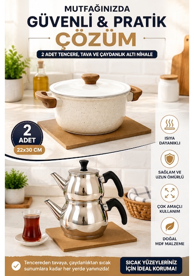 2 Adet Tencere Tava Çaydanlık Altı Nihale 22x30 Cm Mdf Sıcak Altlığı Mutfak Tezgah Koruyucu Açık Kahverengi