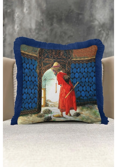 Osman Hamdi Bey Kaplumbağa Terbiyecisi Desenli Püsküllü Dekoratif Yastık - 45 X 45 Cm Renkli