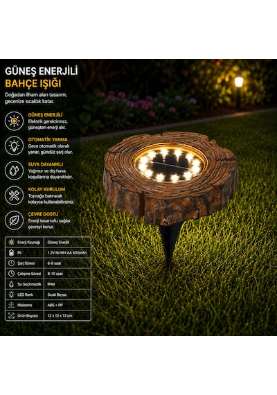 Güneş Enerjili Kütük Görünümlü Solar Led Bahçe Lambası Su Geçirmez Dekoratif Çim Ve Yol Aydınlatma Işığı 1 ADET