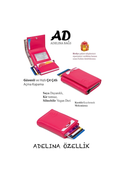 Adelina Bags Adelina Nova Deri Mekanizmalı Otomatik Kızaklı Kartlık Cüz Pembe
