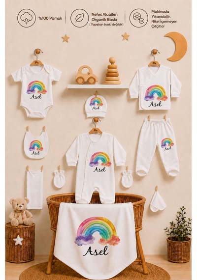 Pia Baby 10 Parça İsme Özel Kız Bebek Hastane Çıkışı %100 Pamuk Organik Baskılı 1019100x Ekru