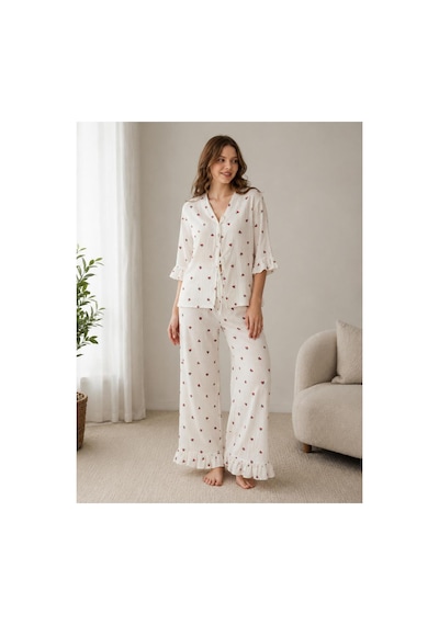 Pijamask Kadın Kısa Kollu Pamuklu Pijama Takım Beyaz